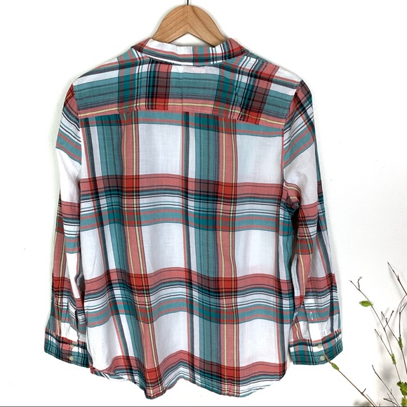 Talbots Turquoise Plaid Button Up Blouse Petite - Picture 2 of 7